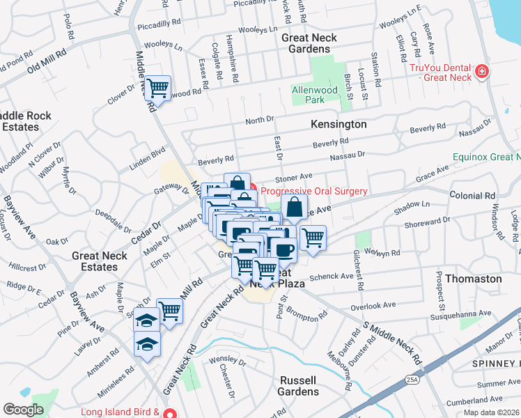 map of restaurants, bars, coffee shops, grocery stores, and more near 14 Park Place in Great Neck Plaza
