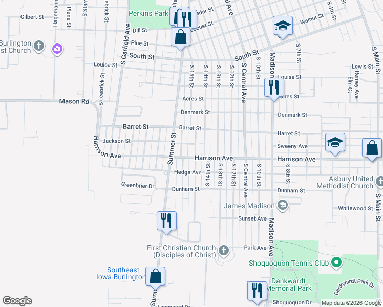 map of restaurants, bars, coffee shops, grocery stores, and more near 1823 South 15th Street in Burlington