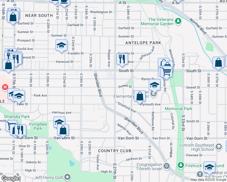 map of restaurants, bars, coffee shops, grocery stores, and more near 2317 South 27th Street in Lincoln