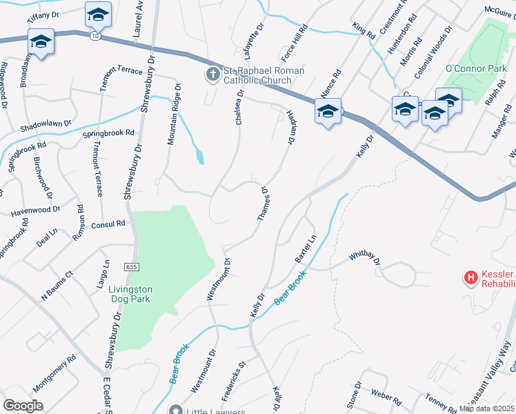 map of restaurants, bars, coffee shops, grocery stores, and more near 14 Thames Drive in Livingston