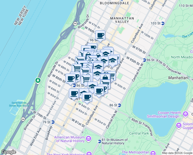 map of restaurants, bars, coffee shops, grocery stores, and more near 167 West 89th Street in New York