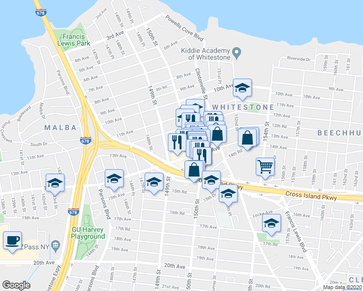map of restaurants, bars, coffee shops, grocery stores, and more near 149-38 12th Road in Queens
