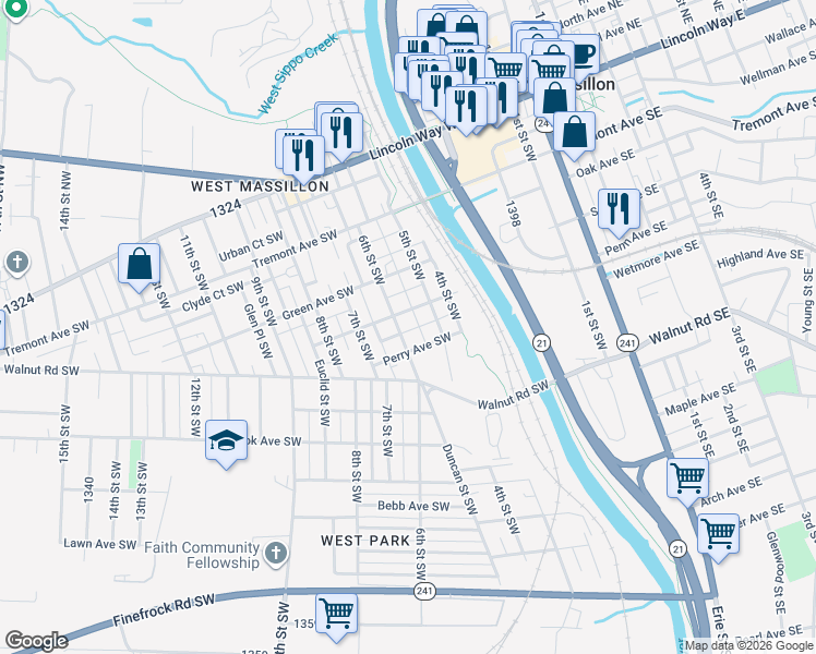 map of restaurants, bars, coffee shops, grocery stores, and more near 516 6th Street Southwest in Massillon