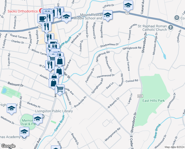 map of restaurants, bars, coffee shops, grocery stores, and more near 33 Havenwood Drive in Livingston