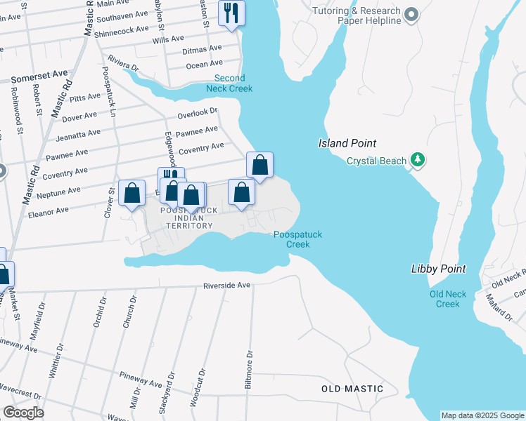 map of restaurants, bars, coffee shops, grocery stores, and more near 25 Abby Lane in Mastic