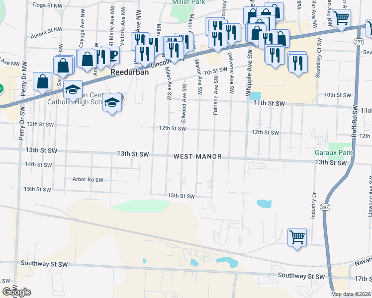 map of restaurants, bars, coffee shops, grocery stores, and more near 1244 Ellwood Avenue Southwest in Canton