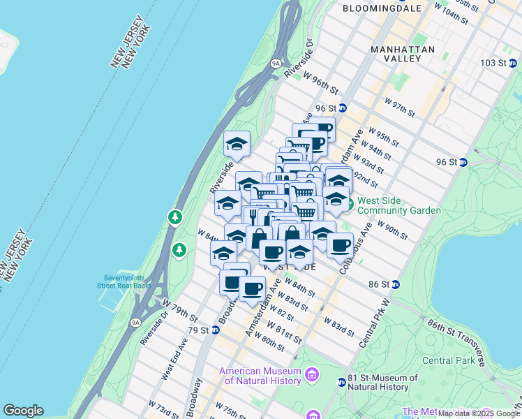 map of restaurants, bars, coffee shops, grocery stores, and more near 287 West 87th Street in New York