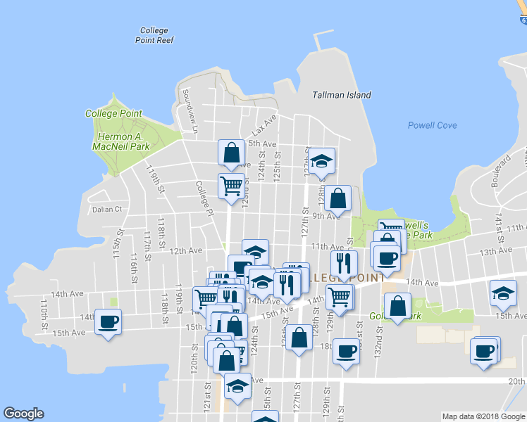 map of restaurants, bars, coffee shops, grocery stores, and more near 124-3 9th Avenue in Queens