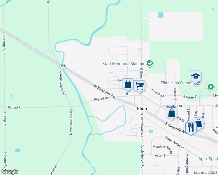 map of restaurants, bars, coffee shops, grocery stores, and more near 220 West North Street in Elida