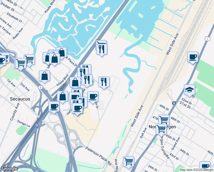 map of restaurants, bars, coffee shops, grocery stores, and more near 110 Park Plaza Drive in Secaucus
