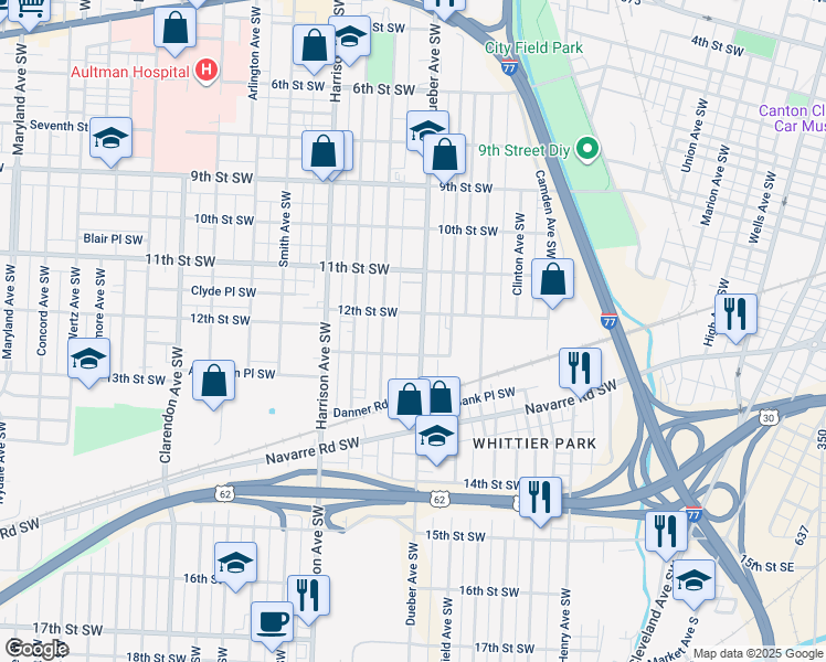 map of restaurants, bars, coffee shops, grocery stores, and more near 1215 Dueber Avenue Southwest in Canton