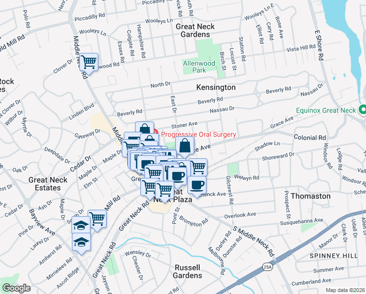map of restaurants, bars, coffee shops, grocery stores, and more near 21 Barstow Road in Great Neck