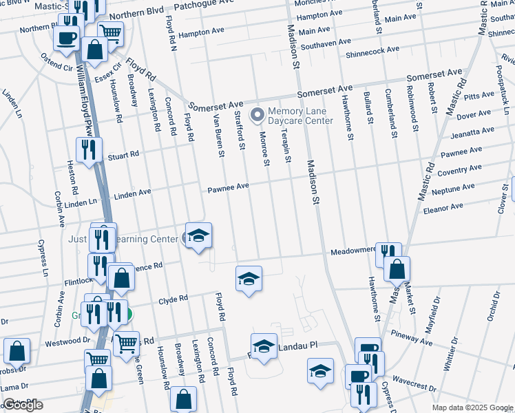 map of restaurants, bars, coffee shops, grocery stores, and more near 55 Strafford Street in Mastic