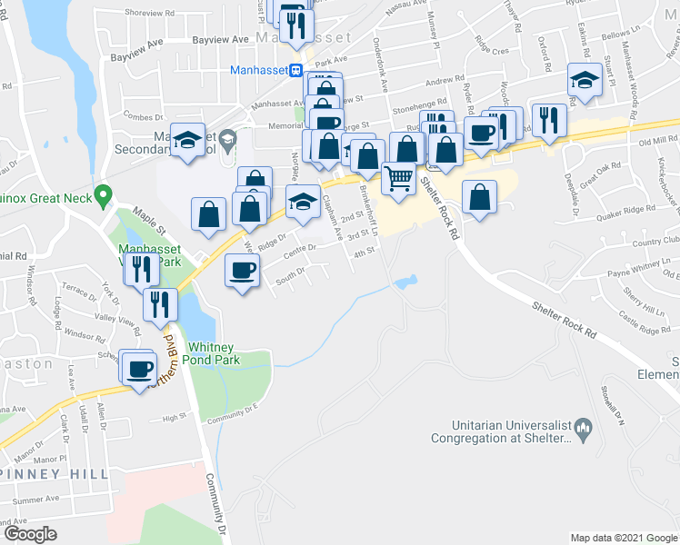 map of restaurants, bars, coffee shops, grocery stores, and more near 115 Clapham Avenue in Manhasset