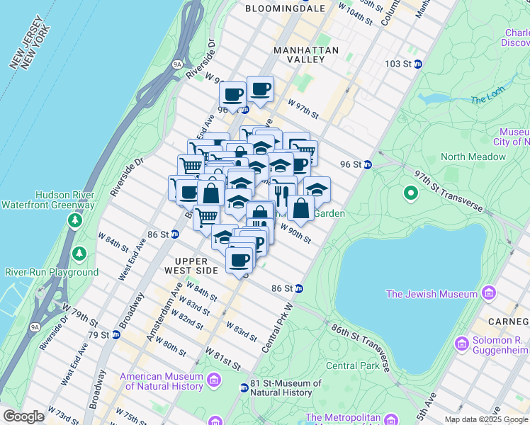 map of restaurants, bars, coffee shops, grocery stores, and more near 113 West 90th Street in New York
