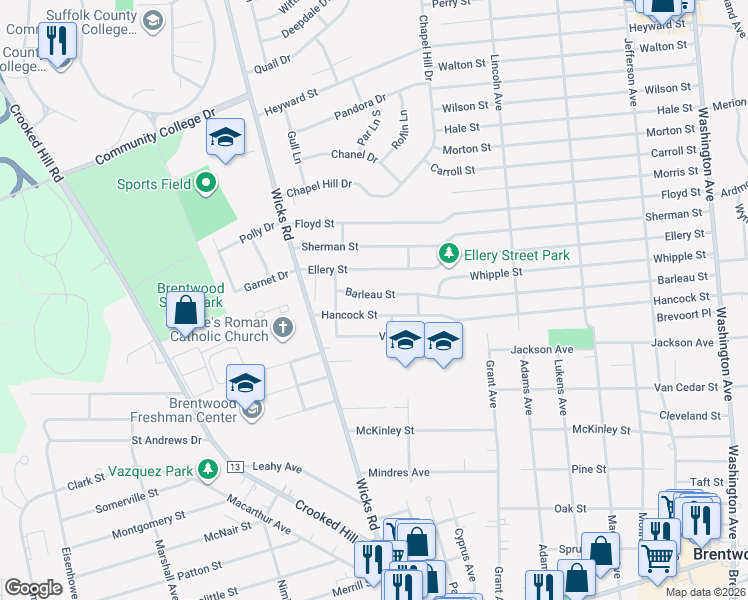 map of restaurants, bars, coffee shops, grocery stores, and more near 264 Barleau Street in Brentwood