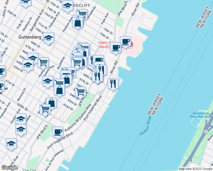 map of restaurants, bars, coffee shops, grocery stores, and more near 7602 River Road in Guttenberg