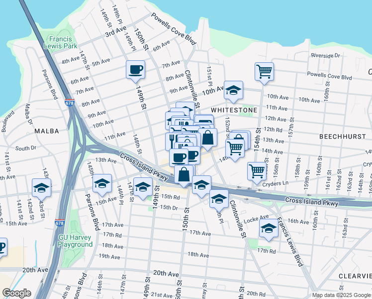 map of restaurants, bars, coffee shops, grocery stores, and more near 12-47 150th Street in Queens