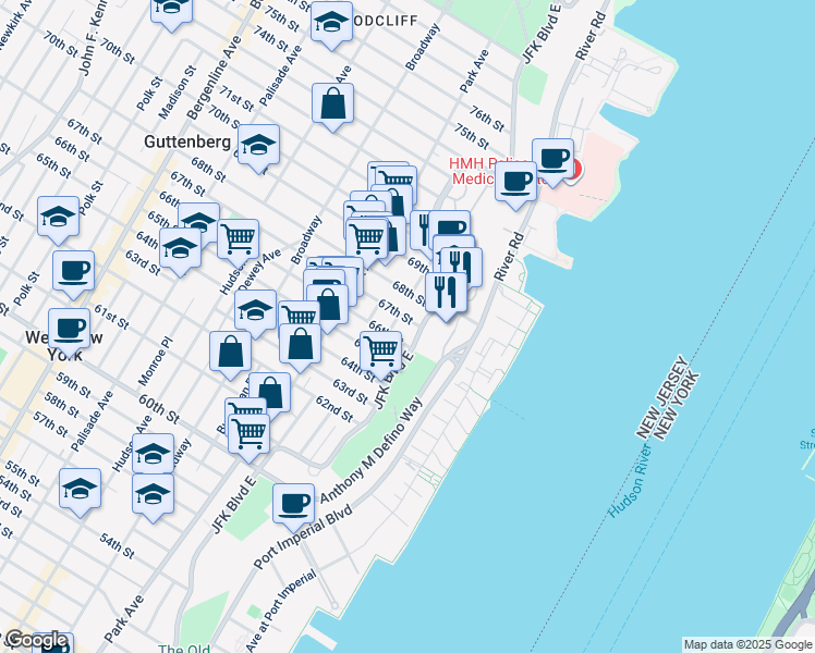 map of restaurants, bars, coffee shops, grocery stores, and more near 9 67th Street in West New York