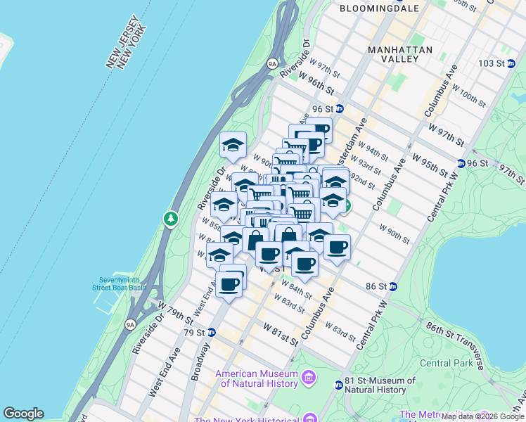 map of restaurants, bars, coffee shops, grocery stores, and more near 275 West 87th Street in New York