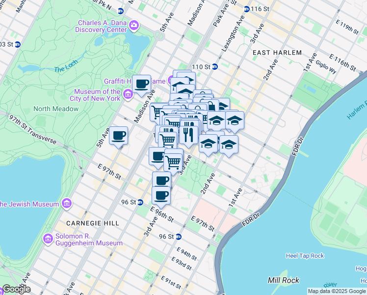 map of restaurants, bars, coffee shops, grocery stores, and more near 173 East 102nd Street in New York