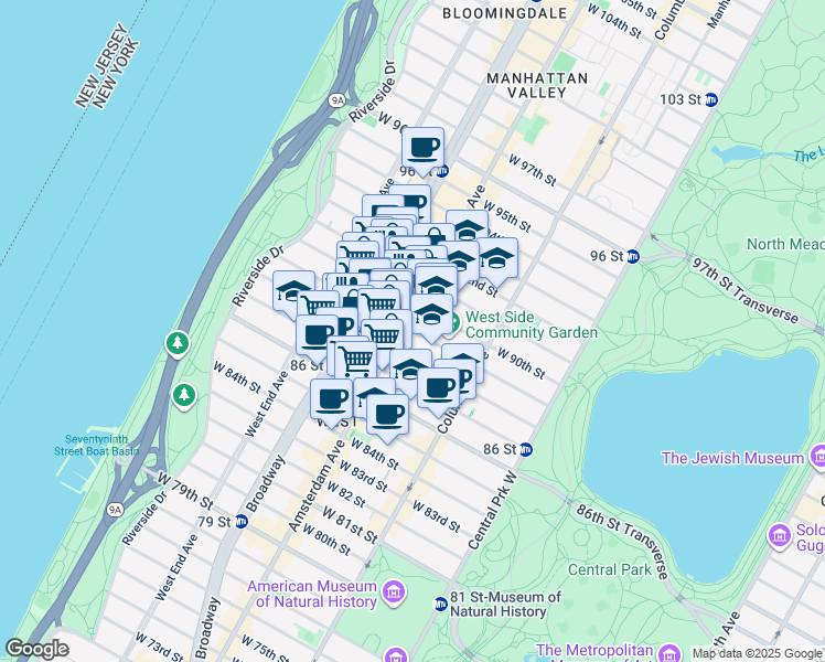 map of restaurants, bars, coffee shops, grocery stores, and more near 187 West 89th Street in New York