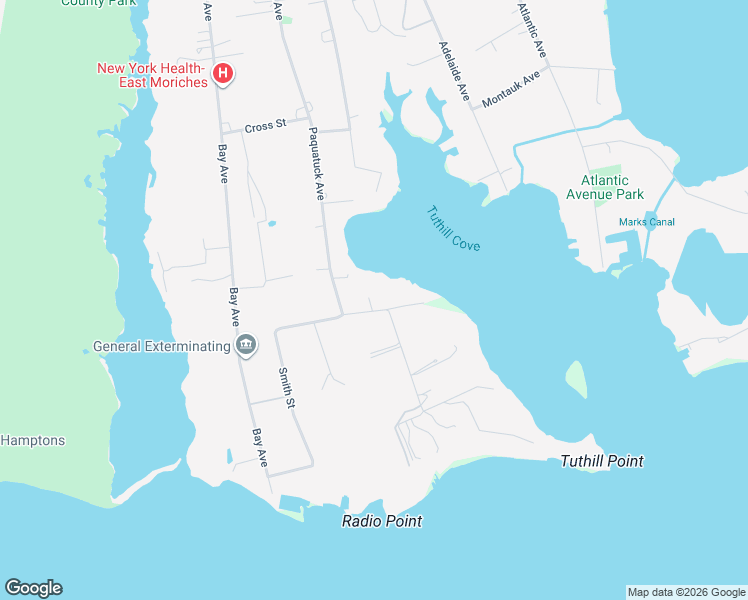 map of restaurants, bars, coffee shops, grocery stores, and more near 15 Tuthill Point Road in East Moriches