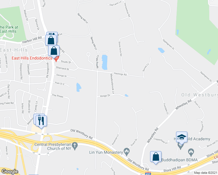 map of restaurants, bars, coffee shops, grocery stores, and more near 4 Meadowbrook Lane in Old Westbury
