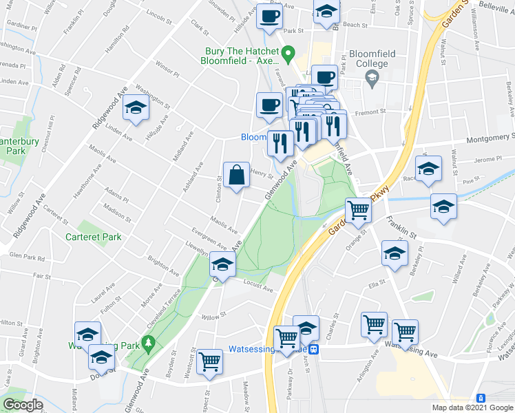 map of restaurants, bars, coffee shops, grocery stores, and more near 198 Glenwood Avenue in Bloomfield