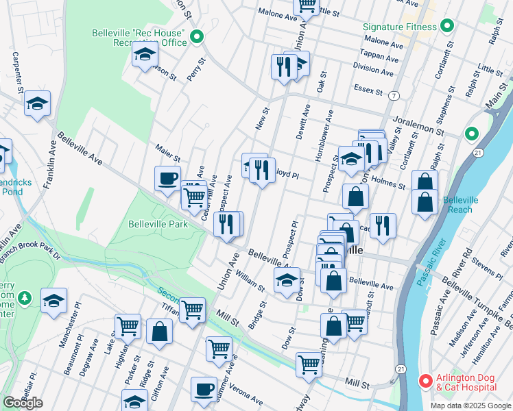 map of restaurants, bars, coffee shops, grocery stores, and more near 161 Union Ave in Belleville