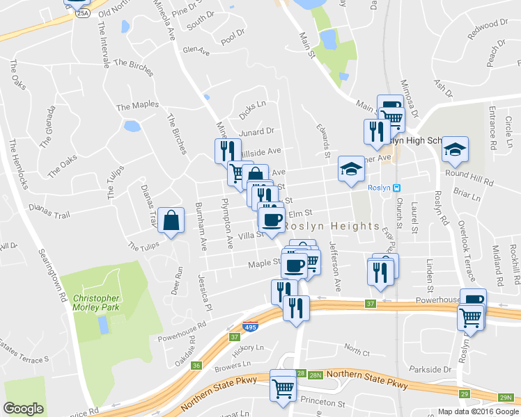 map of restaurants, bars, coffee shops, grocery stores, and more near 80 Mineola Avenue in Roslyn Heights