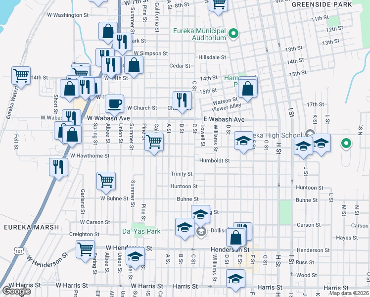 map of restaurants, bars, coffee shops, grocery stores, and more near 2016 B Street in Eureka