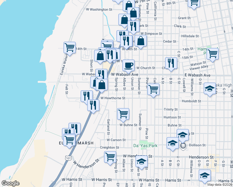 map of restaurants, bars, coffee shops, grocery stores, and more near 2010 Spring Street in Eureka
