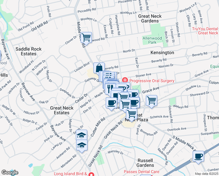 map of restaurants, bars, coffee shops, grocery stores, and more near 79 Middle Neck Road in Great Neck Plaza
