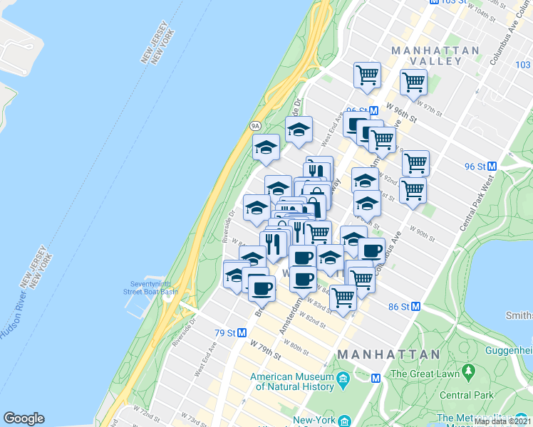map of restaurants, bars, coffee shops, grocery stores, and more near 313 West 86th Street in New York