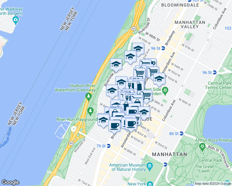 map of restaurants, bars, coffee shops, grocery stores, and more near 313 West 86th Street in New York