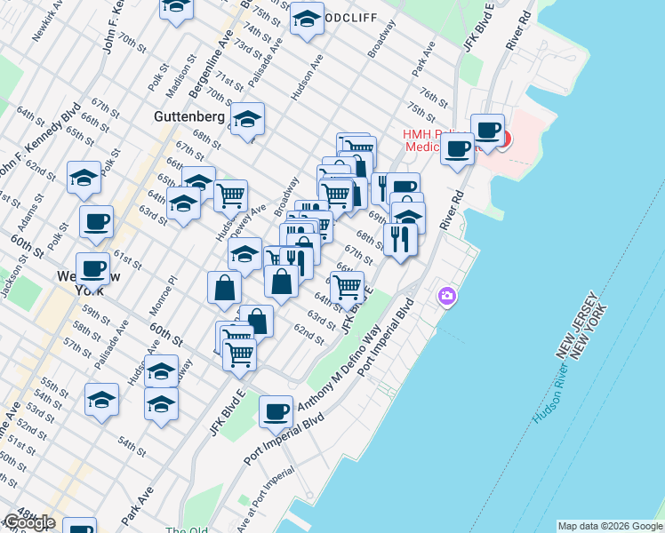map of restaurants, bars, coffee shops, grocery stores, and more near 6612B Lincoln Place in West New York