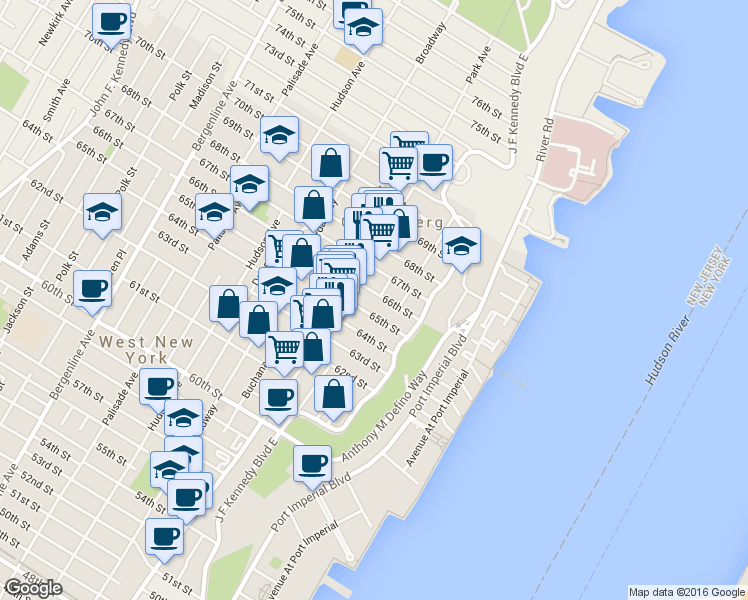 map of restaurants, bars, coffee shops, grocery stores, and more near 6612B Lincoln Place in West New York