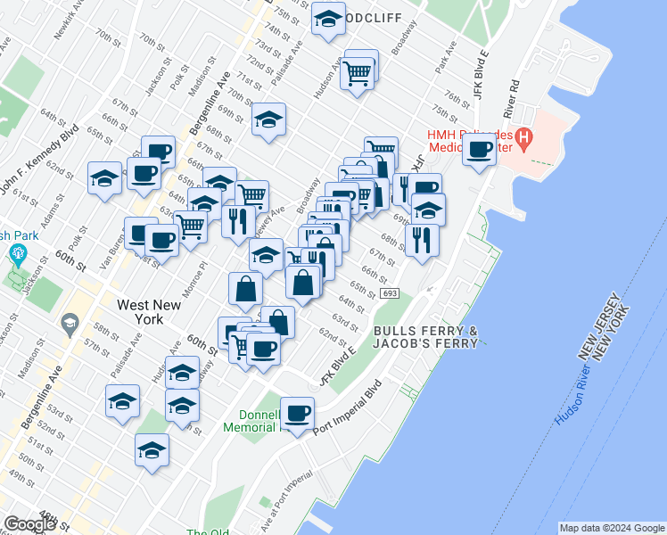 map of restaurants, bars, coffee shops, grocery stores, and more near 6509 Park Avenue in West New York