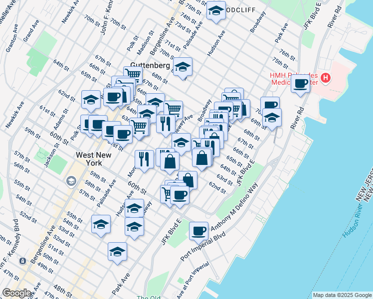 map of restaurants, bars, coffee shops, grocery stores, and more near 6304 Broadway in West New York