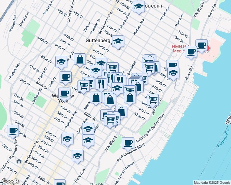 map of restaurants, bars, coffee shops, grocery stores, and more near 6304 Broadway in West New York