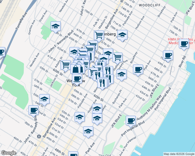 map of restaurants, bars, coffee shops, grocery stores, and more near 6107A Palisade Avenue in West New York