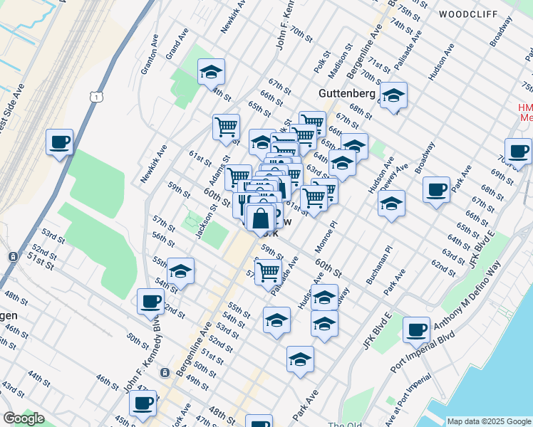 map of restaurants, bars, coffee shops, grocery stores, and more near 6103 Bergenline Avenue in West New York