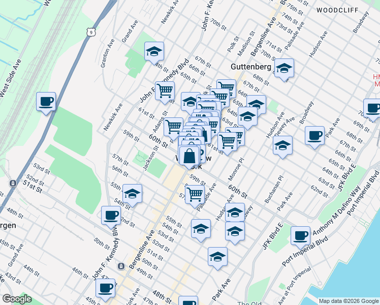 map of restaurants, bars, coffee shops, grocery stores, and more near in West New York
