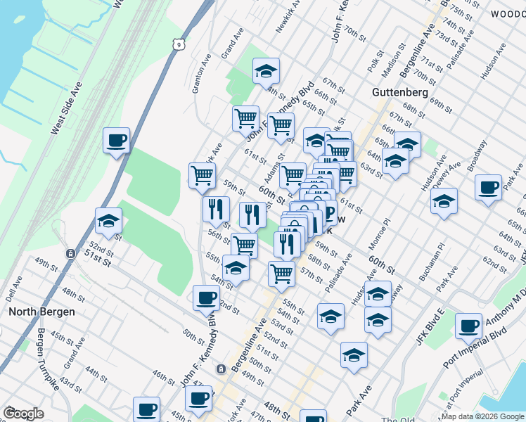 map of restaurants, bars, coffee shops, grocery stores, and more near 566 59th Street in West New York