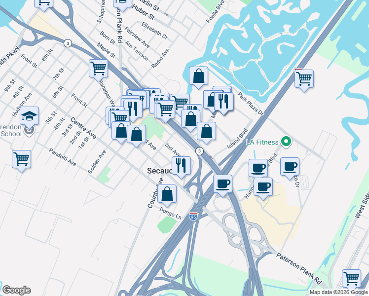 map of restaurants, bars, coffee shops, grocery stores, and more near 62 2nd Avenue in Secaucus