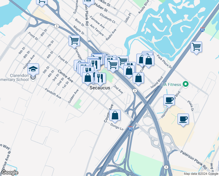 map of restaurants, bars, coffee shops, grocery stores, and more near 823 Roosevelt Avenue in Secaucus