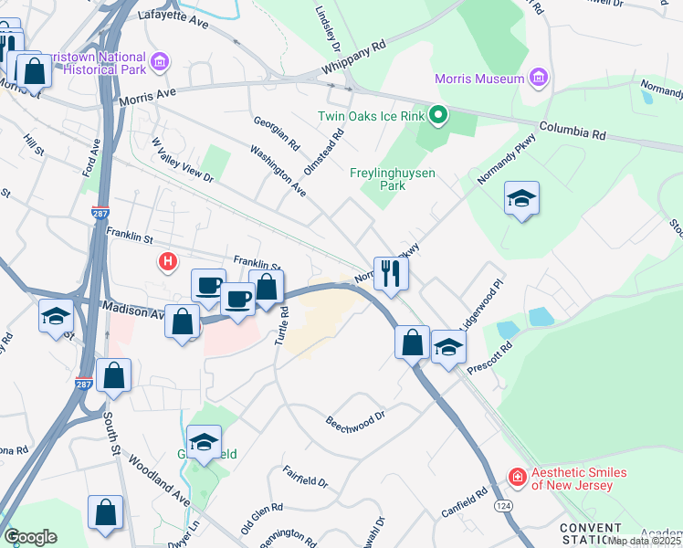 map of restaurants, bars, coffee shops, grocery stores, and more near 147 Washington Avenue in Morristown