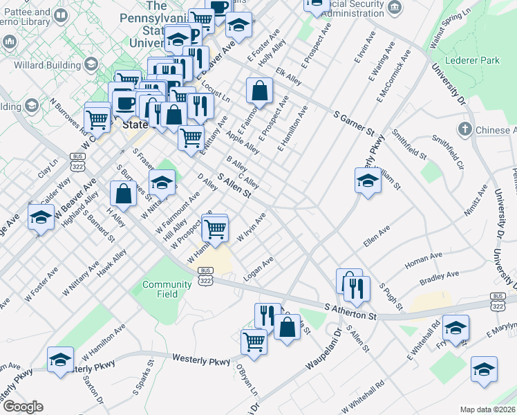 map of restaurants, bars, coffee shops, grocery stores, and more near 804 South Allen Street in State College