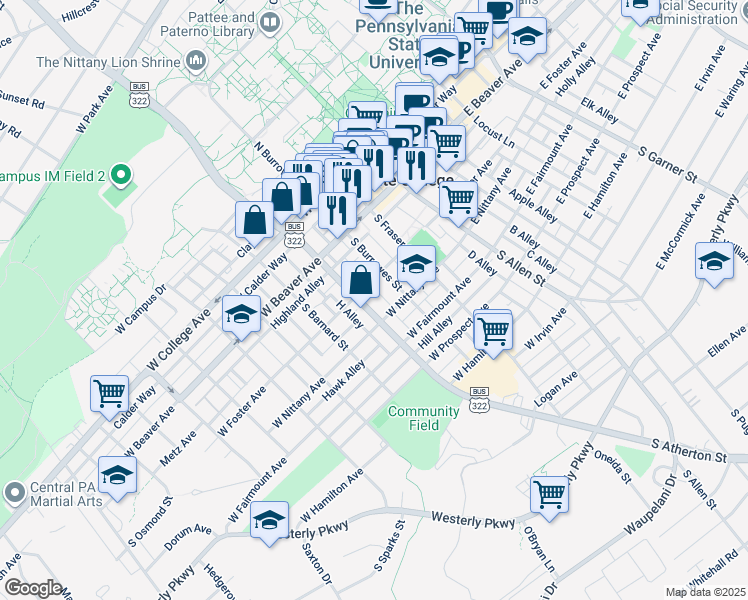 map of restaurants, bars, coffee shops, grocery stores, and more near 301 South Atherton Street in State College